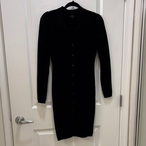 Black Button-Front Long Sleeve Midi Dress
